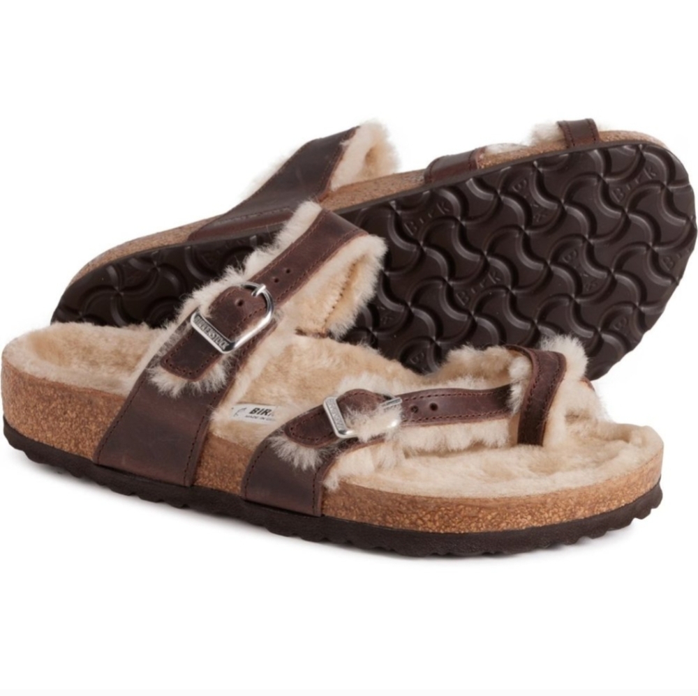 NWT Birkenstock Made in Germany Matrix Shearling Sandals Leather Brown